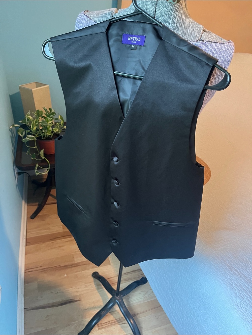 Retro Brand Black Satin Vest - Classic Button Front size medium